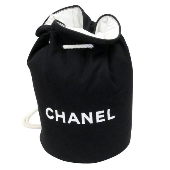 AUTH CHANEL Black & White Logo Large Jumbo Drawstring Canvas Bucket Bag Backpack main image 10